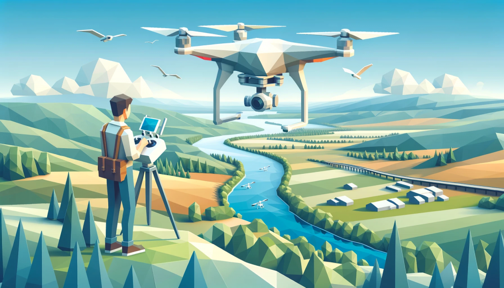 A low poly art style image representing Drone Photography Services Side Hustle. The scene includes a person operating a drone in a beautiful outdoor l