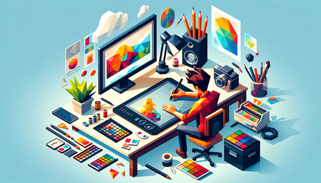 A low poly art style image representing a Custom Digital Artwork Side Hustle. The scene includes a digital artist creating artwork on a graphic tablet