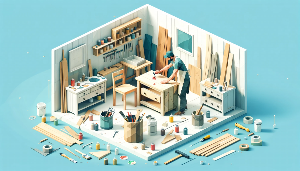 A low poly art style image representing a Custom Furniture Making or Upcycling Side Hustle. The scene includes a person working on a piece of furnitur