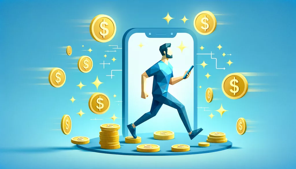Illustration of getting paid for walking in low poly art style, with a person walking with a smartphone, coins and dollar signs floating around, symbolizing the positive experience of earning money, on a light blue background.