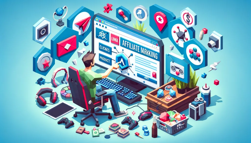 Gamer engaging in affiliate marketing depicted in low poly art, featuring a content creator with gaming gear, highlighting affiliate links on a computer screen, surrounded by symbols of affiliate marketing like clickable links and product icons, against a light blue background to illustrate the engaging world of affiliate marketing in gaming.