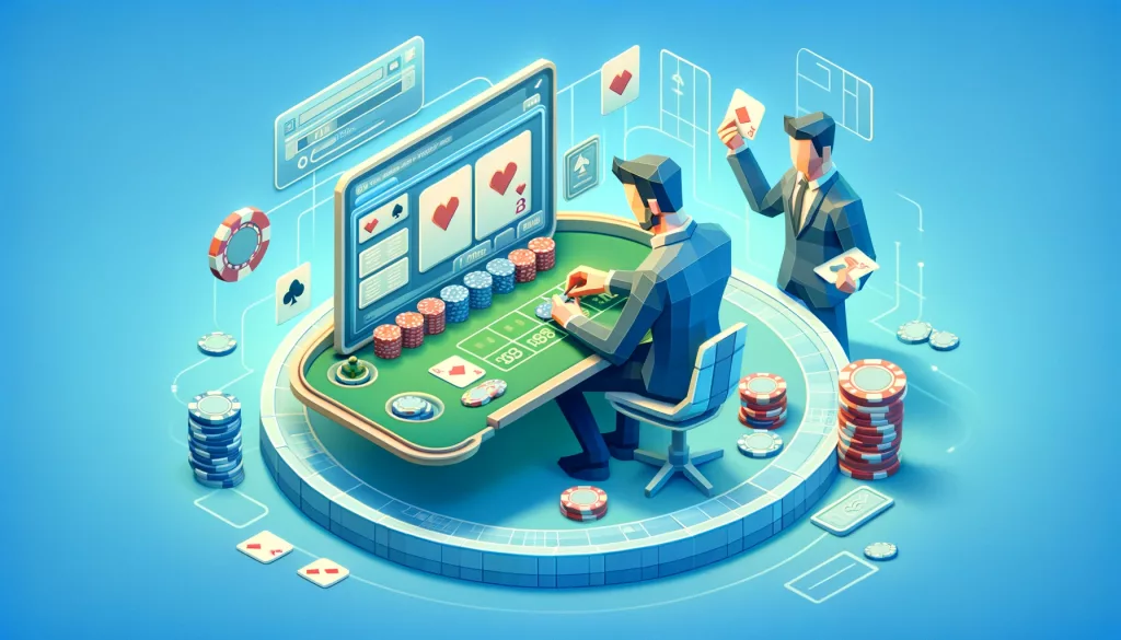 The image created visualizes the concept of competing in online casino games, capturing the essence of strategy and skill involved in such engagements. It features a gamer strategically participating in an online casino game, with elements like cards, chips, and a digital game interface included to emphasize the careful consideration and strategic planning required in this domain, all set against a light blue background to highlight the thoughtful nature of online casino gaming.