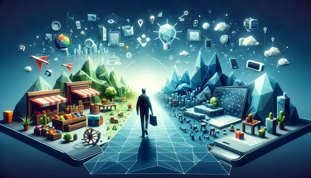 The image captures the essence of digital transformation in entrepreneurship and creativity, illustrating a journey from traditional commerce to the vibrant realm of the digital economy, with an innovative entrepreneur symbolizing the pivotal link between these two worlds.