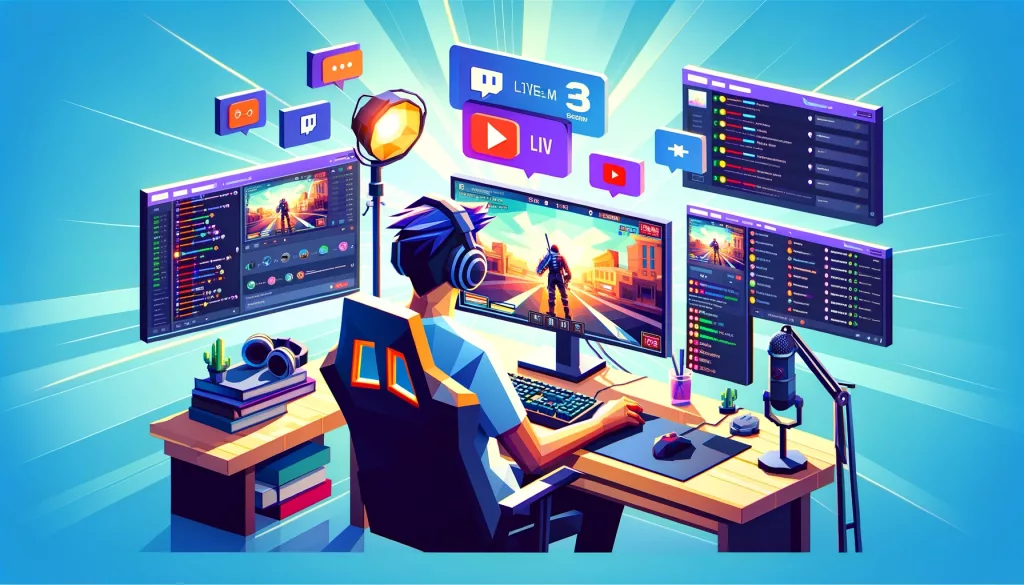 Engaging gaming streamer setup in low poly art style, featuring a focused gamer with headphones and microphone, vibrant lighting, and chat interactions on monitors, set against a light blue background, symbolizing the dynamic world of live streaming on Twitch and YouTube.