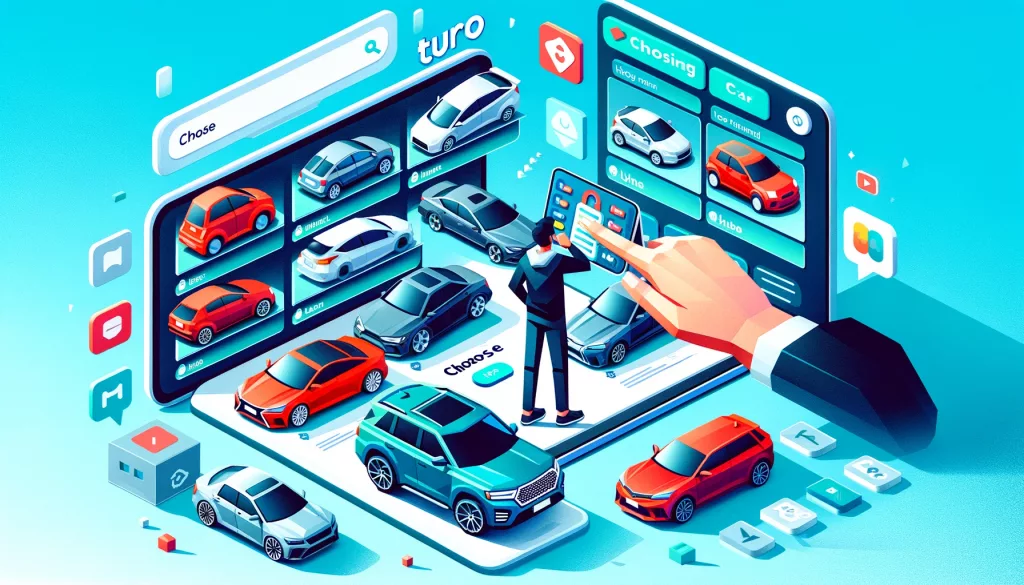 an image that captures the essence of choosing a car rental on Turo, depicted in a vibrant, low poly art style. This image illustrates a person browsing through various car options on a digital tablet, highlighting the diversity and flexibility Turo offers to its users.