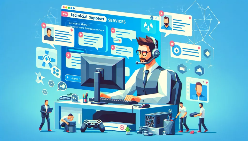 Technical support services for gamers visualized in low poly art, featuring a support specialist at a computer with chat windows open, providing assistance. Gaming peripherals and troubleshooting software on the screen highlight the professional support atmosphere, set against a light blue background.