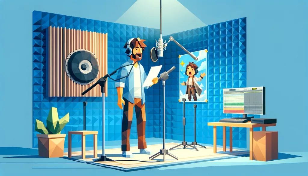 Voice actor in a recording studio for video games, standing before a microphone with script in hand, passionately voicing a character, with soundproofing panels and a screen showing the game character, set against a light blue background to highlight the creativity and emotion in voice acting.