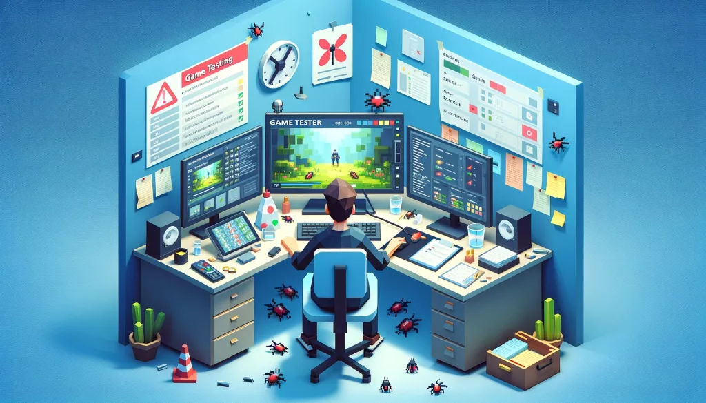 Intricate game testing process captured in low poly art, depicting a focused tester at a multi-screen workstation, analyzing a game for bugs with detailed notes and bug reporting tools, set against a light blue background to emphasize the meticulous nature of game testing.